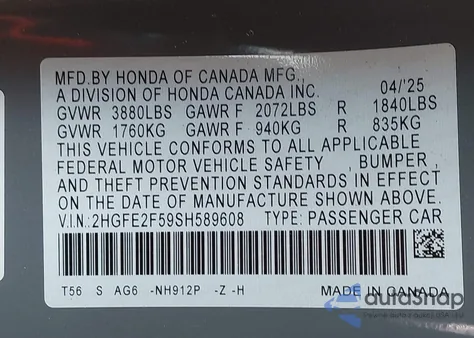 2025 Honda Civic Sport из США, поврежденный, VIN 2HGFE2F59SH589608